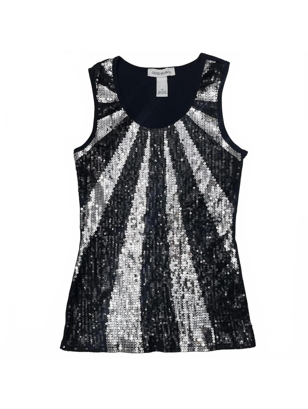 Cruise Wear & Co Black Silver Sequins Striped Tank Top Sz M Indie Sleaze Grunge